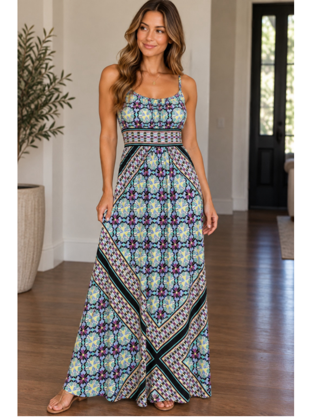 London Times Geometric Floral Maxi Dress Size 6 Multicolor